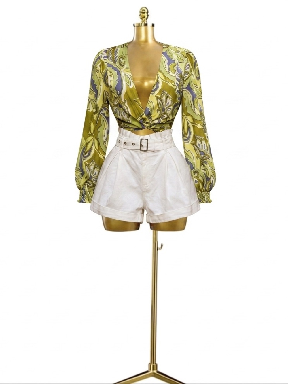Paisley-Print Wrap Blouse in Olive Green